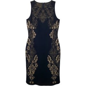 St John Black Sweater Knit Sleeveless Sheath Dress Black & Tan with Gold Damask